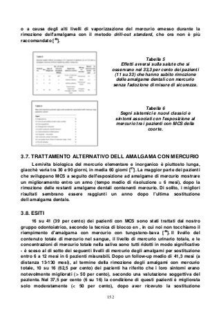 152
o a causa degli alti livelli di vaporizzazione del mercurio emesso durante la
rimozione dell'amalgama con il metodo drill-out standard, che ora non è più
raccomandato [48
].
Tabella 5
Effetti avversi sulla salute che si
osservano nel 33,3 per cento dei pazienti
(11 su 33) che hanno subito rimozione
delle amalgame dentali con mercurio
senza l'adozione di misure di sicurezza.
Tabella 6
Segni sistemici e nuovi classici e
sintomi associati con l'esposizione al
mercurio tra i pazienti con MCS della
coorte.
3.7. TRATTAMENTO ALTERNATIVO DELL AMALGAMA CON MERCURIO
L emivita biologica del mercurio elementare e inorganico è piuttosto lunga,
giacchè varia tra 30 e 90 giorni, in media 60 giorni [51
]. La maggior parte dei pazienti
che sviluppano MCS a seguito dell'esposizione ad amalgame di mercurio mostrare
un miglioramento entro un anno (tempo medio di risoluzione = 6 mesi), dopo la
rimozione delle restanti amalgame dentali contenenti mercurio. Di solito, i migliori
risultati sembrano essere raggiunti un anno dopo l'ultima sostituzione
dell amalgama dentale.
3.8. ESITI
16 su 41 (39 per cento) dei pazienti con MCS sono stati trattati dal nostro
gruppo odontoiatrico, secondo la tecnica di blocco en , in cui noi non tocchiamo il
riempimento d'amalgama con mercurio con tungsteno-bava [48
]. Il livello del
contenuto totale di mercurio nel sangue, il livello di mercurio urinario totale, e le
concentrazioni di mercurio totale nella saliva sono tutti ridotti in modo significativo
- è sceso al di sotto dei seguenti livelli di mercurio degli amalgami per sostituzione
entro 6 a 12 mesi in 6 pazienti misurabili. Dopo un follow-up medio di 41,3 mesi (a
distanza 13-130 mesi), al termine della rimozione degli amalgami con mercurio
totale, 10 su 16 (62,5 per cento) dei pazienti ha riferito che i loro sintomi erano
notevolmente migliorati (> 50 per cento), secondo una valutazione soggettiva del
paziente. Nel 37,5 per cento (6 su 16) la condizione di questi pazienti è migliorata
solo moderatamente (< 50 per cento), dopo aver ricevuto la sostituzione
 