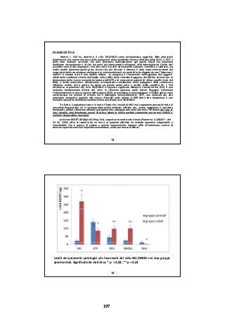 DIAGNOSTICA
Martin L. Pall ha descritto il ciclo NO/ONOO come testimonianza oggettiva delle alterazioni
biochimiche che stanno alla base della patogenesi della Sensibilità Chimica Multipla (alias MCS, o TILT) e
delle altre sindromi correlate, che sono provocate dall’esposizione agli agenti tossici che inquinano
l’ambiente occupazionale e di vita dei paesi più intensamente sviluppati, alias industrializzati. Questi dati
scientiﬁci sono molto importanti, non solo sotto il proﬁlo strettamente culturale, scientiﬁco e sanitario, ma
anche perché ripianano quella grave lacuna che, per decenni e decenni, è stata usata come pretesto dai
negazionisti della correlazione eziologica tra i veleni ambientali e la morbilità che dipende da essi: “Mancano i
marker” è sempre stato il loro crudele dictum. La comparsa o l’incremento nell’organismo dei soggettip p g gg
aﬀetti dalle condizioni cliniche dell’ossido nitrico (NO), delle citochine ﬂogogene, del NMDA, insieme con la
diminuzione delle riserve energetiche (caduta dell’ATP) e di meccanismi naturali di difesa speciﬁci (calo del
BH4), a livello molecolare, costituiscono un’importante costellazione della patogenesi della controversa
aﬀezione. Inoltre, tutto questo ha anche un grande valore etico e sociale. Nello speciﬁco, M. L. Pall
attribuisce ai parametri del ciclo NO/ONOO il seguente signiﬁcato biologico: l’ossido nitrico (NO) è una
molecola fondamentale d’inizio del ciclo; le citochine agiscono come fattori ﬂogogeni (stimolano
l’inﬁammazione); le specie reattive dell’ossigeno (ROS), promuovono la perossidazione; il NMDA agisce come
eccito‐tossina sui neuroni (li stimola ma li danneggia irreversibilmente); l’ATP, una molecola con alto
potenziale energetico equivale alla riserva d‘energia nelle cellule; il BH4 (tetra idro biopterina) è una
molecola riparatrice dell’alterazione biochimica causata dal ciclo NO/ONOO.
Tra l’altro, è opportuno tenere in conto il fatto che i malati di MCS mal sopportano pressoché tutte le
procedure diagnostiche cui li sottoporrebbe quella medicina uﬃciale che, ancora oggigiorno, li considera
mentecatti perché riferiscono aﬀezioni psicosomatiche albergate solo nella loro testa Ne deriva che l’uso di
13
mentecatti, perché riferiscono aﬀezioni psicosomatiche, albergate solo nella loro testa. Ne deriva che l uso di
lacci, siringhe, alcol denaturato, guanti di lattice, bisturi et similia sarebbe certamente una tortura crudele e,
nei limiti del possibile, da evitare.
La tecnica BDORT (Bi‐Digital O‐Ring Test), scoperta e brevettata da Omura (Patent no. 5,188,107 – del
23. 02. 1993), oﬀre al sanitario da un lato e al paziente dall’altro un metodo operativo insuperabile e
insostituibile che è capace di ovviare a questo inconveniente. Internet oﬀre all’internauta curioso di
conoscere questa tecnica un’ampia documentazione, anche per mezzo di ﬁlmati.
Livelli dei parametri patologici e/o favorevoli del ciclo NO/ONOO nei due gruppi 
sperimentali. Signiﬁcatività statistica: * p < 0,05; ** p < 0,01
14
197
 