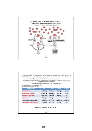 ALTERNATIVA TRA LA MORTE E LA VITA,
DELLA CELLULA DANNEGGIATA E DEL PORTATORE DI ESSA
Da Guha et al., 2011, modiﬁcata da Ugazio G.
21
CASO III: soggetto caucasico maschio adulto, di 64 anni, di professione quadro direttivo, già
aﬀetto da processo produttivo polmonare, quattro anni fa, trattato chirurgicamente e
con chemioterapia, seguita da radioterapia, al momento senza recidive.
RISULTATI DELLA DETERMINAZIONE COL METODO BDORT DEGLI EFFETTI FAVOREVOLI ALLA SALUTE DELLA
SOMMINISTRAZIONE DELLA MISCELA
TRIPHALA : LAWSONIA : CILANTRO (2 : 3 : 10 , p : p), 1,5 g pro die
ANALISI DEL MODULO DI SCRITTURA CON B‐M‐PANALISI DEL MODULO DI SCRITTURA CON  B M P 
PARAMETRI PRO O CONTRO LA SALUTE
ANALISI DELLA FOTOGRAFIA DEL VOLTO
PARAMETRI DEL CICLO DEL NO/ONOO
PARAMETRO T.0. 1 SETT 1 MESE 5 MESI
Integrina α1 β1 170,7 ng 91,7 ng 6,2 ng 1,3 ng
Oncogene8‐ OH‐dG 375,01 ng 150,01 ng 49,3 ng 1,0 ng
Clamidia trachomaPs 2216,7 ng 1500,0ng 191,7 ng 0
Asbesto 600 ng 1 ng 0 0
T l ll l li 483 3 700 0 1300 22 1450 0
22
ng = 10‐9 g; pg = 10‐12g; yg = 10‐24g
Telomero cellule normali 483,3 ng 700,0 ng 1300.22 ng 1450,0 ng
Telomero cellule cancerose 450,0 ng 216,7 ng 12,0 pg 1,0 yg
201
 