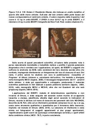 55
Figura 11A & 11B. Notare il Presidente Obama che indossa un anello metallico al
quarto dito della mano sinistra. Sull area del lato sinistro della parte bassa del
torace corrispondente al ventricolo sinistro, il valore massimo della troponina I del
cuore è 12 ng in unità BDORT, il DHEA è circa 0,6-0,7 ng in unità BDORT, e il
telomero è 5 ng in unità BDORT (fotografie dal New York Post; vedere citazione 51).
Sulla scorta di questi precedenti scientifici, all autore della presente nota è
parso naturalmente ineluttabile e ineludibile mettere a profitto il grande potenziale
diagnostico che è correlato con l applicazione, tal quale, del BDORT a soggetti che
soffrono la sindrome da SCM, nelle condizioni del loro dramma sociale oltre che
sanitario, impiegando direttamente un fotogramma del viso di ciascuno di essi. Del
resto, il primo autore ha studiato con cura la pubblicazione Casualties of
Progress di Alison Johnson e, autorizzato dall autrice, l ha tradotta e divulgata
nella monografia MCS-I (Ugazio, 2009). Il messaggio-insegnamento dei 57 canarini
della miniera è stato poi approfondito e sviluppato, producendo il materiale
scientifico pubblicato in libri dedicati a questo problema sanitario (Ugazio, 2009,
2010), nelle monografie MCS-I e MCS-III, oltre che nei Quaderni del sito web
grippa.org (Ugazio, 2009 & 2010).
L applicazione del BDORT, metodo di determinazione quantitativa e non
invasiva di Omura, è stata eseguita dal secondo autore munito di un apposita
tesserina a stampa, plastificata, allestita dagli autori secondo le indicazioni di
Omura, recante la dicitura col nome di ciascuno dei parametri del ciclo NO/ONOO,
descritto da M. Pall, oltre ad un riferimento ponderale compreso tra un ng e un pg,
usato come strumento qualitativo e quantitativo per il fenomeno della risonanza,
implicito nel metodo di Omura (2006, 2010). La selezione di riferimento è stata
mirata sui fotogrammi di soggetti appartenenti ai due gruppi sperimentali,
rispettivamente quelli scevri da qualunque sintomatologia correlata, e quelli affetti
dalla condizione clinica (MCS - TILT), in parte conclamata.
 