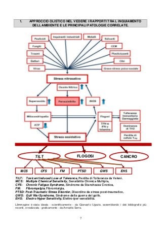 7
1. APPROCCIO OLISTICO NEL VEDERE I RAPPORTI TRA L INQUIAMENTO
DELL AMBIENTE E LE PRINCIPALI PATOLOGIE CORRELATE.
TILT: Toxicant Induced Loss of Tolerance, Perdita di Tolleranza da Veleni.
MCS: Multiple Chemical Sensitivity, Sensibilità Chimica Multipla,
CFS: Chronic Fatigue Syndrome, Sindrome da Stanchezza Cronica,
FM: Fibromyalgia, Fibromialgia,
PTSD: Post-Traumatic Stress Disorder, Disordine da stress post-traumatico,
GWS: Gulf War Syndrome, Sindrome della guerra del golfo.
EHS: Electro Hyper Sensitivity, Elettro-iper-sensibilità.
L immagine é stata ideata - scientificamente - da Giancarlo Ugazio, assemblando i dati bibliografici più
recenti, e realizzata - graficamente - da Annarita Serra.
TILT FLOGOSI CANCRO
MCS CFS PTSD GWS EHSFM
 