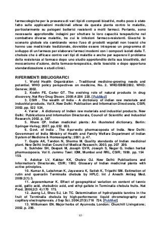 83
farmacologiche per la presenza di vari tipi di composti bioattivi, molto poco è stato
fatto sulle applicazioni medicinali attese da questa pianta contro le malattie,
particolarmente su patogeni batterici resistenti a molti farmaci. Pertanto, sono
necessarie approfondite indagini per sfruttare le loro capacità terapeutiche nel
combattere diverse malattie, tra cui le infezioni farmaco-resistenti. Giacché lo
scenario globale sta cambiando verso l'uso di prodotti vegetali non tossici che
hanno uso medicinale tradizionale, dovrebbe essere intrapreso un programma di
sviluppo di un farmaco per elaborare farmaci moderni con i composti isolati dalla T.
chebula che è efficace contro vari tipi di malattie e anche per superare il problema
della resistenza al farmaco dopo uno studio approfondito della sua bioattività, del
meccanismo d'azione, della farmaco-terapeutica, della tossicità e dopo opportuna
standardizzazione e studi clinici.
RIFERIMENTI BIBLIOGRAFICI
1. World Health Organization . Traditional medicine-growing needs and
potential. WHO policy perspectives on medicine, No. 2. WHO/EBM/2002. WHO:
Geneva; 2002.
2. Koehn FE, Carter GT. The evolving role of natural products in drug
discovery. Nat Rev Drug Discov. 2005;4:206 220. [PubMed]
3. CSIR . The wealth of India - A dictionary of indian raw materials and
industrial products. Vol X. New Delhi: Publication and Information Directorate, CSIR;
2002. pp. 522 524.
4. Varier . A dictionary of Indian raw materials and industrial products. New
Delhi: Publications and Information Directorate, Council of Scientific and Industrial
Research; 2002. p. 387.
5. Khare CP. Indian medicinal plants: An illustrated dictionary. Berlin:
Springer-Verlag; 2007. pp. 652 653.
6. Govt. of India . The Ayurvedic pharmacopoeia of India. New Delhi:
Government of India Ministry of Health and Family Welfare Department of Indian
System of Medicine & Homoeopathy; 2001. p. 47.
7. Gupta AK, Tandon N, Sharma M. Quality standards of Indian medicinal
plant. New Delhi: Indian Council of Medical Research; 2003. pp. 207 209.
8. Sukhdev SH, Deepak M, Joseph GVR, Joseph S, Nagar G. Indian herbal
pharmacopoeia. Vol II. Jammu Tawi: IDM, Mumbai and RRL, CSIR; 1999. pp. 154
159.
9. Aslokar LV, Kakkar KK, Chakre OJ. New Delhi: Publications and
Information's Directorate, CSIR; 1992. Glossary of Indian medicinal plants with
active principles.
10. Kumar A, Lakshman K, Jayaveera K, Satish K, Tripathi SM. Estimation of
rutin and quercetin Terminalia chebula by HPLC. Int J Anesth Antiag Med.
2009;2(1):3.
11. Jayaramkumar K. Effect of geographical variation on content of tannic
acid, gallic acid, chebulinic acid, and ethyl gallate in Terminalia chebula fruits. Nat
Prod. 2006;2(3 4):170 175.
12. Juang LJ, Sheu SJ, Lin TC. Determination of hydrolyzable tannins in the
fruit of Terminalia chebula by high-performancc liquid chromatography and
capillary electrophoresis. J Sep Sci. 2004;27(9):718 724. [PubMed]
13. Williumson EN. Major herbs of Ayurveda. London: Churchill Livingstone;
2002. p. 299.
 