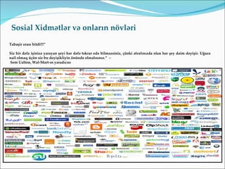 Sosial Xidmətlər və onların növləri
Tabaşir erası bitdi!!!”

Siz bir dəfə işinizə yarayan şeyi hər dəfə təkrar edə bilməzsiniz, çünki ətrafınızda olan hər şey daim dəyişir. Uğura
nail olmaq üçün siz bu dəyişikliyin önündə olmalısınız.” –
Sem Ualton, Wal-Mart-ın yaradıcısı
 