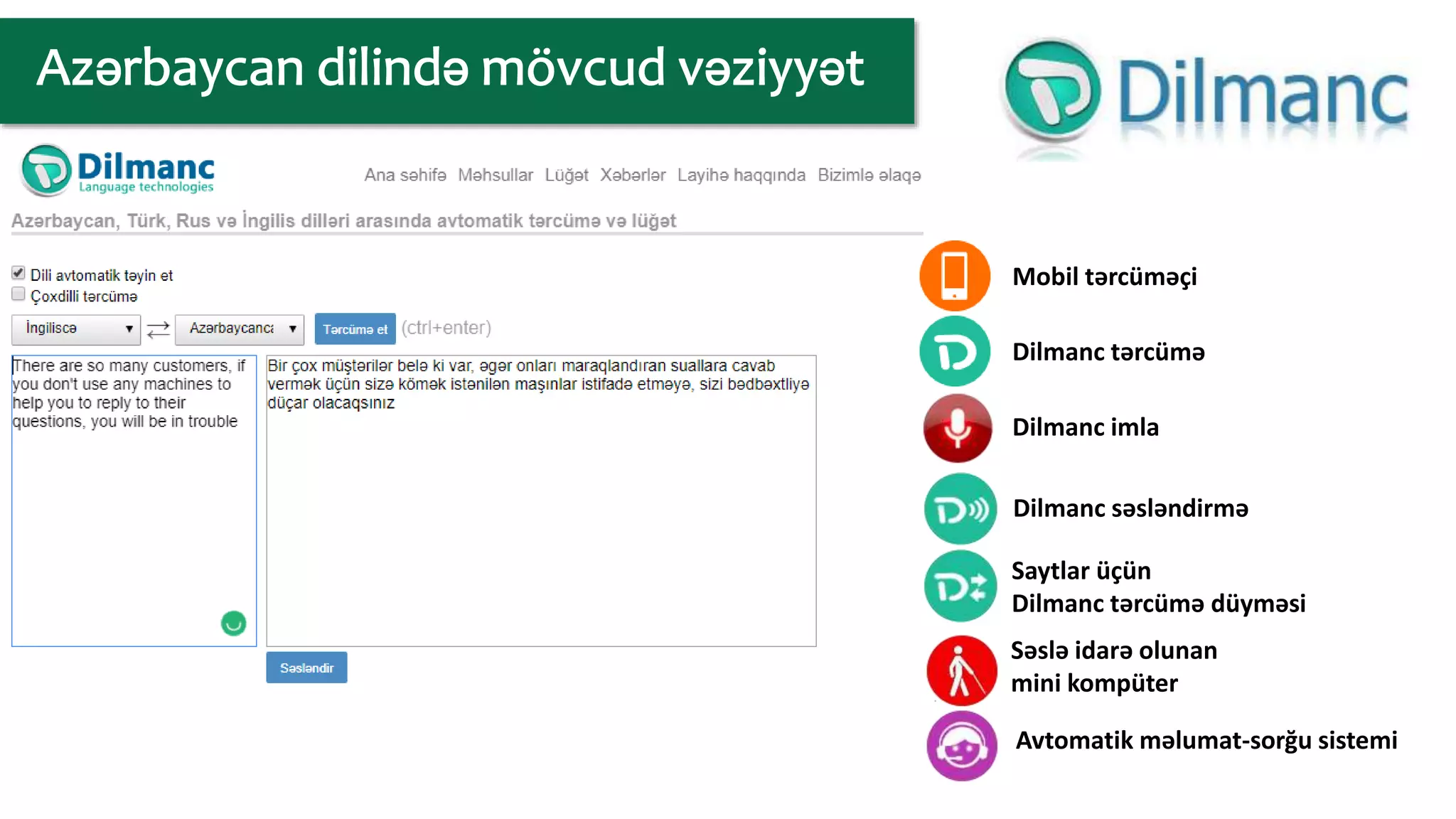 Mobil tərcüməçi
Dilmanc tərcümə
Dilmanc imla
Dilmanc səsləndirmə
Saytlar üçün
Dilmanc tərcümə düyməsi
Səslə idarə olunan
mini kompüter
Avtomatik məlumat-sorğu sistemi
 