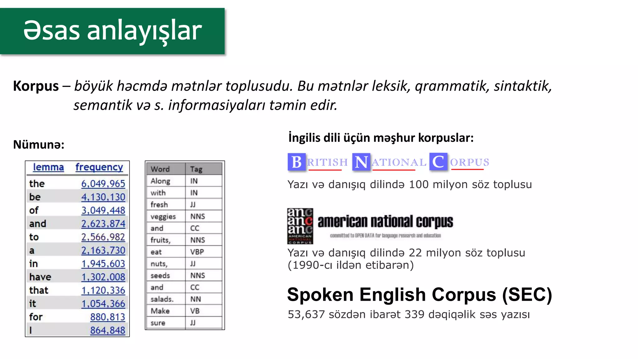 Nümunə:
Yazı və danışıq dilində 100 milyon söz toplusu
Korpus – böyük həcmdə mətnlər toplusudu. Bu mətnlər leksik, qrammatik, sintaktik,
semantik və s. informasiyaları təmin edir.
İngilis dili üçün məşhur korpuslar:
Yazı və danışıq dilində 22 milyon söz toplusu
(1990-cı ildən etibarən)
Spoken English Corpus (SEC)
53,637 sözdən ibarət 339 dəqiqəlik səs yazısı
 