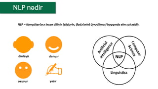 NLP – Kompüterlərə insan dilinin (sözlərin, ifadələrin) öyrədilməsi haqqında elm sahəsidir.
Linguistics
NLP
 