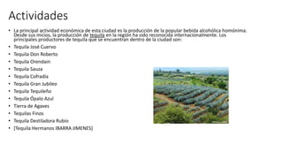 Actividades
• La principal actividad económica de esta ciudad es la producción de la popular bebida alcohólica homónima.
Desde sus inicios, la producción de tequila en la región ha sido reconocida internacionalmente. Los
principales productores de tequila que se encuentran dentro de la ciudad son:
• Tequila José Cuervo
• Tequila Don Roberto
• Tequila Orendain
• Tequila Sauza
• Tequila Cofradía
• Tequila Gran Jubileo
• Tequila Tequileño
• Tequila Ópalo Azul
• Tierra de Agaves
• Tequilas Finos
• Tequila Destiladora Rubio
• [Tequila Hermanos IBARRA JIMENES]
 