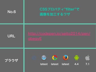 CSSプロパティ filter で
画像を加工するワザ
http://codepen.io/seito2014/pen/
gbegyE
No.6
URL
ブラウザ
latest latest latest 4.4 7.1
 