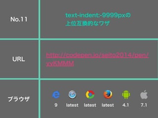 text-indent:-9999pxの
上位互換的なワザ
http://codepen.io/seito2014/pen/
yyKMMM
No.11
URL
ブラウザ
9 latest latest latest 4.1 7.1
 