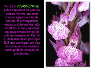 Ter fé é  CONDUZIR-SE   pelos caminhos da vida da mesma forma  que uma criança segura a mão de seu pai. É entregarmos nossos problemas nas mão de DEUS e nos jogarmos em seus braços antes de cair no desespero. Ter fé é  descansarmos  para que ELE nos carregue, em vez de carregar nós mesmos nossa própria coleção de problemas.  