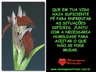 . QUE EM TUA VIDA HAJA SUFICIENTE FÉ PARA ENFRENTAR AS SITUAÇÕES DIFÍCEIS, JUNTO  COM A NECESSÁRIA HUMILDADE PARA ACEITAR O QUE NÃO SE PODE MUDAR. www.mensagensvirtuais.com.br 
