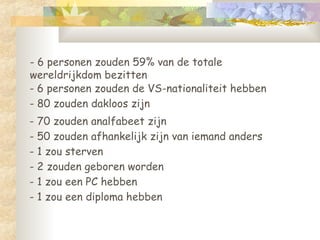 - 6 personen zouden 59% van de totale wereldrijkdom bezitten  - 6 personen zouden de VS-nationaliteit hebben  - 80 zouden dakloos zijn  - 70 zouden analfabeet zijn  - 50 zouden afhankelijk zijn van iemand anders  - 1 zou sterven  - 2 zouden geboren worden  - 1 zou een PC hebben  - 1 zou een diploma hebben  
