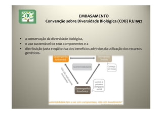 EMBASAMENTO
Convenção sobre Diversidade Biológica (CDB) RJ/1992
• a conservação da diversidade biológica,
• o uso sustentável de seus componentes e a
• distribuição justa e eqüitativa dos benefícios advindos da utilização dos recursos
genéticos.
 