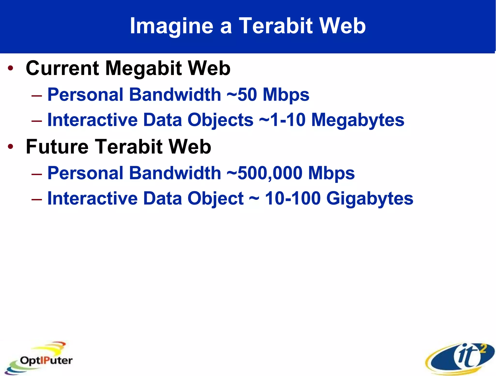 Imagine a Terabit Web Current Megabit Web Personal Bandwidth ~50 Mbps Interactive Data Objects ~1-10 Megabytes Future Terabit Web Personal Bandwidth ~500,000 Mbps Interactive Data Object ~ 10-100 Gigabytes 