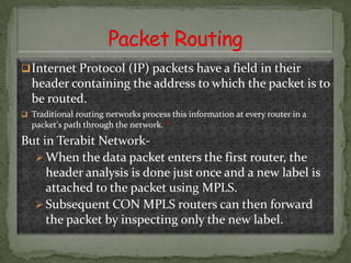  Internet Protocol (IP) packets have a field in their

header containing the address to which the packet is to
be routed.
 Traditional routing networks process this information at every router in a

packet's path through the network. *

But in Terabit Network When the data packet enters the first router, the
header analysis is done just once and a new label is
attached to the packet using MPLS.
 Subsequent CON MPLS routers can then forward
the packet by inspecting only the new label.

 