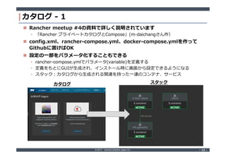 © 2017 Internet Initiative Japan Inc. ‐ 12 ‐‐ 12 ‐
カタログ ‐ 1
 Rancher meetup #4の資料で詳しく説明されています
• 「Rancher プライベートカタログとCompose」(m-daichangさん作）
 config.xml、rancher‐compose.yml、docker‐compose.ymlを作って
Githubに置けばOK
 設定の一部をパラメータ化することもできる
• rancher-compose.ymlでパラメータ(variable)を定義する
• 定義をもとにGUIが生成され、インストール時に画面から設定できるようになる
• スタック:カタログから生成される関連を持った一連のコンテナ、サービス
スタックカタログ
 
