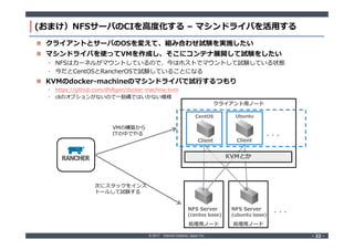 © 2017 Internet Initiative Japan Inc. ‐ 22 ‐‐ 22 ‐
(おまけ）NFSサーバのCIを高度化する – マシンドライバを活用する
 クライアントとサーバのOSを変えて、組み合わせ試験を実施したい
 マシンドライバを使ってVMを作成し、そこにコンテナ展開して試験をしたい
• NFSはカーネルがマウントしているので、今はホストでマウントして試験している状態
• 今だとCentOSとRancherOSで試験していることになる
 KVMのdocker‐machineのマシンドライバで試行するつもり
• https://github.com/dhiltgen/docker-machine-kvm
• cliのオプションがないので一筋縄ではいかない模様
クライアント用ノード
・・・
CentOS Ubuntu
Client
処理用ノード
Client
NFS Server
(centos base)
処理用ノード
NFS Server
(ubuntu base)
・・・
KVMとか
VMの構築から
ITの中でやる
次にスタックをインス
トールして試験する
 