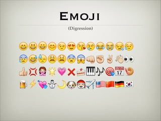 Emoji 
(Digression) 
!"#$%&'()*+, 
-./01234✊✌78 
9:;<=❌?@ABCD 
E⚡G⛄IJK✈MNOP 
 
