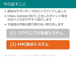 • 馴染みやすいテーマをピックアップしました
• tribox Contest 向けに工夫したポイント等を
なるべくわかりやすく紹介します
• 宇宙語は可能な限り使わない努力をします
Jun. 18th, 2017 14ルービックキューブ交流会 @ LODGE / K. Terada
今日話すこと
(1) スクランブル生成システム
(2) FMC採点システム
 