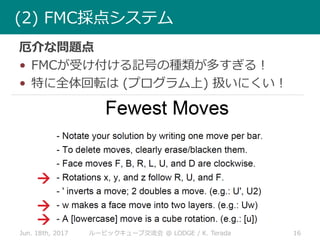 Jun. 18th, 2017 16ルービックキューブ交流会 @ LODGE / K. Terada
(2) FMC採点システム
厄介な問題点
• FMCが受け付ける記号の種類が多すぎる！
• 特に全体回転は (プログラム上) 扱いにくい！



 