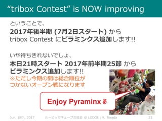 Jun. 18th, 2017 23ルービックキューブ交流会 @ LODGE / K. Terada
“tribox Contest” is NOW improving
ということで、
2017年後半期 (7月2日スタート) から
tribox Contest にピラミンクス追加します!!
いや待ちきれないでしょ、
本日21時スタート 2017年前半期25節 から
ピラミンクス追加します!!
※ただし今期の間は総合順位が
つかないオープン戦になります
Enjoy Pyraminx✌
 