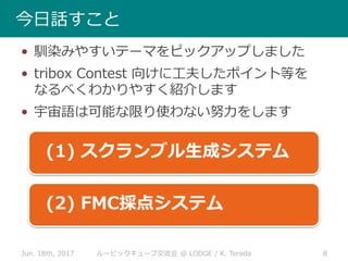 • 馴染みやすいテーマをピックアップしました
• tribox Contest 向けに工夫したポイント等を
なるべくわかりやすく紹介します
• 宇宙語は可能な限り使わない努力をします
Jun. 18th, 2017 8ルービックキューブ交流会 @ LODGE / K. Terada
今日話すこと
(1) スクランブル生成システム
(2) FMC採点システム
 