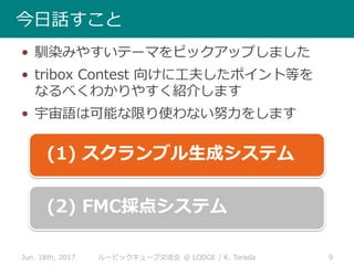 • 馴染みやすいテーマをピックアップしました
• tribox Contest 向けに工夫したポイント等を
なるべくわかりやすく紹介します
• 宇宙語は可能な限り使わない努力をします
Jun. 18th, 2017 9ルービックキューブ交流会 @ LODGE / K. Terada
今日話すこと
(1) スクランブル生成システム
(2) FMC採点システム
 