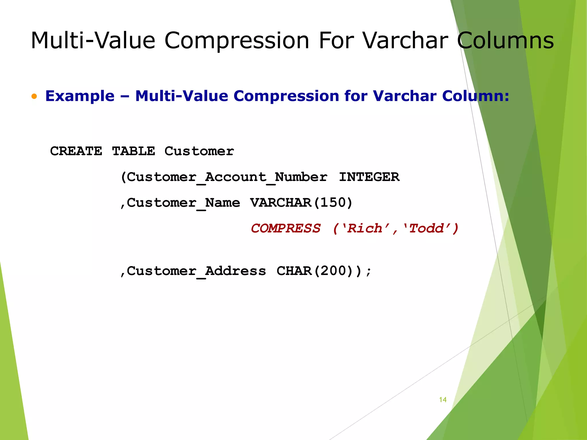 Multi-Value Compression For Varchar Columns
14
• Example – Multi-Value Compression for Varchar Column:
CREATE TABLE Customer
(Customer_Account_Number INTEGER
,Customer_Name VARCHAR(150)
COMPRESS (‘Rich’,‘Todd’)
,Customer_Address CHAR(200));
 