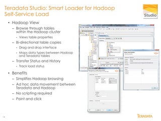 Teradata Studio: Smart Loader for Hadoop 
Self-Service Load 
14 
• Hadoop View 
– Browse through tables 
within the Hadoop cluster 
- Views table properties 
– Bi-directional table copies 
- Drag and drop interface 
- Maps data types between Hadoop 
and Teradata tables 
– Transfer Status and History 
- Track load status 
• Benefits 
– Simplifies Hadoop browsing 
– Ad hoc data movement between 
Teradata and Hadoop 
– No scripting required 
– Point and click 
 
