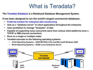 What is Teradata?
The Teradata Database is a Relational Database Management System.
It has been designed to run the world’s largest commercial databases.
• Preferred solution for enterprise data warehousing
• Acts as a “database server” to client applications throughout the enterprise
• Uses parallelism to manage “terabytes” of data
• Capable of supporting many concurrent users from various client platforms (over a
TCP/IP or IBM channel connection).
• Runs on a single or multiple nodes
• Teradata executes on the following operating systems:
– 32-bit Operating Systems – UNIX MP-RAS 3.03x and Microsoft Windows 2003
– 64-bit Operating Systems – SUSE Linux Enterprise Server
Win XPWin 2003
UNIX
Client
Mainframe
Client
Teradata
DATABASE
 