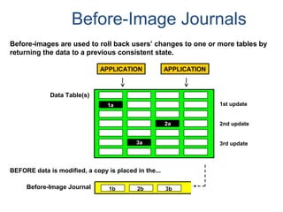 Before-Image Journals
Before-images are used to roll back users’ changes to one or more tables by
returning the data to a previous consistent state.
BEFORE data is modified, a copy is placed in the...
Before-Image Journal
APPLICATIONAPPLICATION
Data Table(s)
1a
2a
3a
1st update
2nd update
3rd update
1b 2b 3b
 