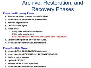 Archive, Restoration, and
Recovery Phases
Phase 1 — Dictionary Phase
1. Allocate an event number (from DBC.Next).
2. Issue a BEGIN TRANSACTION statement.
3. Resolve object name.
4. Check access rights.
5. Place locks:
• Utility locks on data dictionary rows.
• Utility locks on data rows.
Note: READ locks on ARCHIVE; EXCLUSIVE locks on RESTORE.
6. Delete existing tables prior to RESTORE.
7. Issue an END TRANSACTION statement.
Phase 2 — Data Phase
1. Issue a BEGIN TRANSACTION statement.
2. Insert rows into RCEVENT and RCCONFIGURATION.
3. Perform the operation.
4. Update RCEVENT.
5. Release locks (if user specified).
6. Issue an END TRANSACTION statement.
 