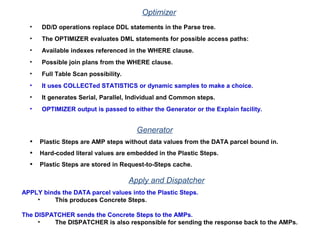 Optimizer
• DD/D operations replace DDL statements in the Parse tree.
• The OPTIMIZER evaluates DML statements for possible access paths:
• Available indexes referenced in the WHERE clause.
• Possible join plans from the WHERE clause.
• Full Table Scan possibility.
• It uses COLLECTed STATISTICS or dynamic samples to make a choice.
• It generates Serial, Parallel, Individual and Common steps.
• OPTIMIZER output is passed to either the Generator or the Explain facility.
Generator
• Plastic Steps are AMP steps without data values from the DATA parcel bound in.
• Hard-coded literal values are embedded in the Plastic Steps.
• Plastic Steps are stored in Request-to-Steps cache.
Apply and Dispatcher
APPLY binds the DATA parcel values into the Plastic Steps.
• This produces Concrete Steps.
The DISPATCHER sends the Concrete Steps to the AMPs.
• The DISPATCHER is also responsible for sending the response back to the AMPs.
 