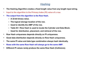 Hashing
• The Hashing Algorithm creates a fixed length value from any length input string.
• Input to the algorithm is the Primary Index (PI) value of a row.
• The output from the algorithm is the Row Hash.
– A 32-bit binary value.
– The logical storage location of the row.
– Used to identify the AMP of the row.
– Table ID + Row Hash is used to locate the Cylinder and Data Block.
– Used for distribution, placement, and retrieval of the row.
• Row Hash uniqueness depends directly on PI uniqueness.
• Good data distribution depends directly on Row Hash uniqueness.
• The same PI value and data type combination always hash identically.
• Rows with the same Row Hash will always go to the same AMP.
• Different PI values rarely produce the same Row Hash (Collisions).
 