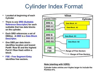 Cylinder Index Format
• Located at beginning of each
Cylinder.
• There is one SRD (Subtable
Reference Descriptor) for each
subtable that has data blocks
on the cylinder.
• Each SRD references a set of
DBD(s). A DBD is a Data Block
Descriptor..
• One DBD per data block -
identifies location and lowest
Part# / Row ID and the highest
Part # / Row Hash within a
block.
• FSE - Free Segment Entry -
identifies free sectors.
SRD A
.
DBD A1
DBD A2
SRD B
DBD B1
DBD B2
.
FSE
FSE
Data Block B2
Data Block B1
Data Block A1
Data Block A2
VDisk
CylinderCylinder Index
Range of Free Sectors
Range of Free Sectors
Note (starting with V2R5):
Cylinder Index entries are 4 bytes larger to include the
Partition #’s.
 