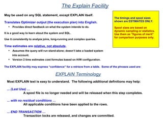 The Explain Facility
May be used on any SQL statement, except EXPLAIN itself.
Translates Optimizer output (the execution plan) into English.
• Provides direct feedback on what the system intends to do.
It is a good way to learn about the system and SQL.
Use it consistently to analyze joins, long-running and complex queries.
Time estimates are relative, not absolute.
• Assumes the query will run stand-alone; doesn’t take a loaded system
into account.
• Version 2 time estimates cost formulas based on H/W configuration.
The timings and spool sizes
shown are ESTIMATES ONLY.
Spool sizes are based on
dynamic sampling or statistics.
Use them as “figures of merit”
for comparison purposes only.
The EXPLAIN facility may express “confidence” for a retrieve from a table. Some of the phrases used are:
EXPLAIN Terminology
Most EXPLAIN text is easy to understand. The following additional definitions may help:
... (Last Use) …
A spool file is no longer needed and will be released when this step completes.
... with no residual conditions …
All applicable conditions have been applied to the rows.
... END TRANSACTION …
Transaction locks are released, and changes are committed.
 