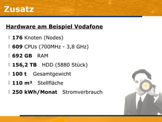 Zusatz Hardware am Beispiel Vodafone 176  Knoten (Nodes) 609  CPUs (700MHz - 3,8 GHz) 692   GB   RAM 156,2   TB   HDD (5880 Stück) 100 t  Gesamtgewicht 110 m²  Stellfläche 250 kWh/Monat  Stromverbrauch 