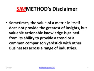 SIMMETHOD’s Disclaimer
• Sometimes, the value of a metric in itself
does not provide the greatest of insights, but
valuable actionable knowledge is gained
from its ability to provide a trend or a
common comparison yardstick with other
Businesses across a range of industries.
4/5/2014 WWW.SIMMETHOD.COM 18
 