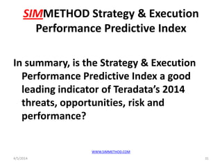 SIMMETHOD Strategy & Execution
Performance Predictive Index
In summary, is the Strategy & Execution
Performance Predictive Index a good
leading indicator of Teradata’s 2014
threats, opportunities, risk and
performance?
4/5/2014
WWW.SIMMETHOD.COM
31
 