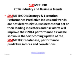 SIMMETHOD
2014 Industry and Business Trends
• SIMMETHOD’s Strategy & Execution
Performance Predictive Indices and trends
are not deterministic. Businesses that act on
their leading indicators and risk alerts will
improve their 2014 performance as will be
shown in the forthcoming update of the
SIMMETHOD database, performance
predictive indices and correlations.
4/5/2014
WWW.SIMMETHOD.COM
34
 