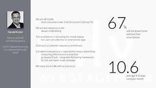 We are all mobile
most consumers have 2nd/3rd screens (during TV)
!
We are less attentive to ads
always multitasking
!
The smartphone is becoming the mobile laptop
but users are selective on smartphone apps
Getting to a customer requires a central topic
!
Complete transparency is required for today’s advertising
measuring effectiveness is essential
go beyond Excel - integrated Ad testing frameworks
be fast and repair a bad campaign
!
We want you to talk with us (not at us)
Harald Kratel
!
Partner and MD
mlv Werbeagentur
!
LOST! Digital Marketing
in a fragmented media
world
average # of apps
used per month
10.6
will not leave home
without their
smartphone
67%
 