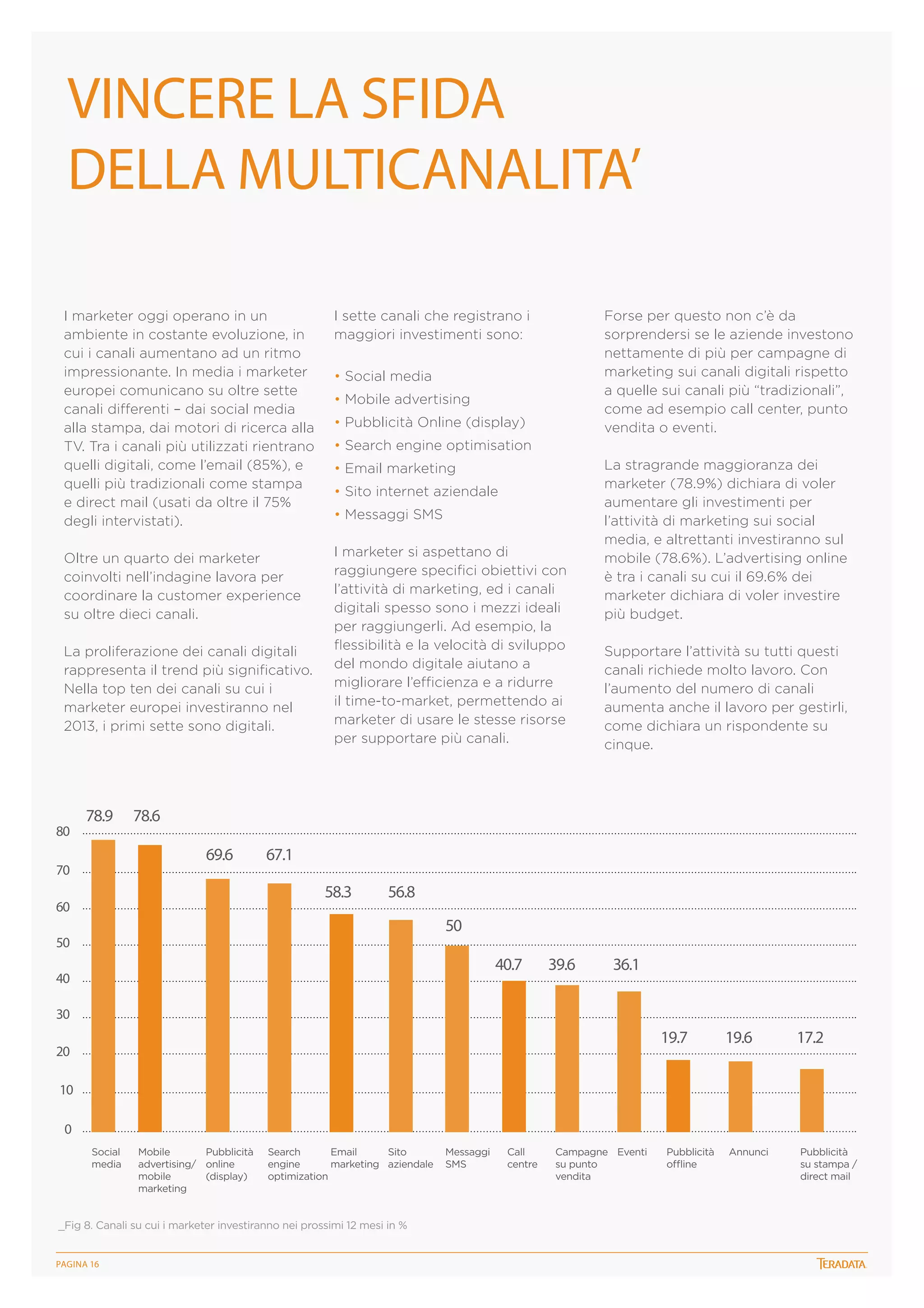 VINCERE LA SFIDA
DELLA MULTICANALITA’
Forse per questo non c’è da
sorprendersi se le aziende investono
nettamente di più per campagne di
marketing sui canali digitali rispetto
a quelle sui canali più “tradizionali”,
come ad esempio call center, punto
vendita o eventi.

I marketer oggi operano in un
ambiente in costante evoluzione, in
cui i canali aumentano ad un ritmo
impressionante. In media i marketer
europei comunicano su oltre sette
canali differenti – dai social media
alla stampa, dai motori di ricerca alla
TV. Tra i canali più utilizzati rientrano
quelli digitali, come l’email (85%), e
quelli più tradizionali come stampa
e direct mail (usati da oltre il 75%
degli intervistati).

I sette canali che registrano i
maggiori investimenti sono:

Oltre un quarto dei marketer
coinvolti nell’indagine lavora per
coordinare la customer experience
su oltre dieci canali.

I marketer si aspettano di
raggiungere specifici obiettivi con
l’attività di marketing, ed i canali
digitali spesso sono i mezzi ideali
per raggiungerli. Ad esempio, la
flessibilità e la velocità di sviluppo
del mondo digitale aiutano a
migliorare l’efficienza e a ridurre
il time-to-market, permettendo ai
marketer di usare le stesse risorse
per supportare più canali.

La proliferazione dei canali digitali
rappresenta il trend più significativo.
Nella top ten dei canali su cui i
marketer europei investiranno nel
2013, i primi sette sono digitali.

80

78.9

• Mobile advertising
• Pubblicità Online (display)
• Search engine optimisation
• Email marketing
• Sito internet aziendale
• Messaggi SMS

La stragrande maggioranza dei
marketer (78.9%) dichiara di voler
aumentare gli investimenti per
l’attività di marketing sui social
media, e altrettanti investiranno sul
mobile (78.6%). L’advertising online
è tra i canali su cui il 69.6% dei
marketer dichiara di voler investire
più budget.
Supportare l’attività su tutti questi
canali richiede molto lavoro. Con
l’aumento del numero di canali
aumenta anche il lavoro per gestirli,
come dichiara un rispondente su
cinque.

78.6
69.6

70

• Social media

67.1
58.3

60

56.8
50

50

40.7

40

39.6

36.1

30

19.7

20

19.6

17.2

10
0
Social
media

Mobile
Pubblicità
advertising/ online
mobile
(display)
marketing

Search
Email
Sito
engine
marketing aziendale
optimization

_Fig 8. Canali su cui i marketer investiranno nei prossimi 12 mesi in %
PagINA 16

Messaggi
SMS

Call
centre

Campagne Eventi
su punto
vendita

Pubblicità
offline

Annunci

Pubblicità
su stampa /
direct mail

 