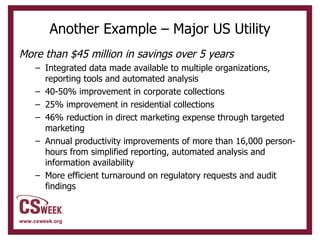 Another Example – Major US Utility More than $45 million in savings over 5 years Integrated data made available to multiple organizations, reporting tools and automated analysis 40-50% improvement in corporate collections 25% improvement in residential collections 46% reduction in direct marketing expense through targeted marketing Annual productivity improvements of more than 16,000 person-hours from simplified reporting, automated analysis and information availability More efficient turnaround on regulatory requests and audit findings 