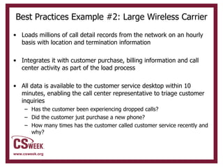 Best Practices Example #2: Large Wireless Carrier Loads millions of call detail records from the network on an hourly basis with location and termination information Integrates it with customer purchase, billing information and call center activity as part of the load process All data is available to the customer service desktop within 10 minutes, enabling the call center representative to triage customer inquiries Has the customer been experiencing dropped calls? Did the customer just purchase a new phone? How many times has the customer called customer service recently and why? 