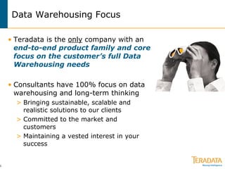 Data Warehousing Focus  Teradata is the  only  company with an  end-to-end product family and core focus on the customer’s full Data Warehousing needs Consultants have 100% focus on data warehousing and long-term thinking Bringing sustainable, scalable and realistic solutions to our clients Committed to the market and customers Maintaining a vested interest in your success 