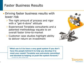 Faster Business Results Driving faster business results with lower risk The right amount of process and rigor with a “get-it-done” attitude  Experienced Teradata consultants and a patented methodology equate to an overall faster time-to-market Customer case studies highlight ability to deliver return on investment “ What use is it to have a very good system if you don't have the people behind it to help you develop it to meet your needs? Teradata was extremely committed and devoted to helping us push the system forward.” –  Vincent Hui, Bank of East Asia 