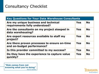 Consultancy Checklist  “ Risk comes from not knowing what you’re doing” Warren Buffett Key Questions for Your Data Warehouse Consultants Are my unique business and technical requirements fully understood? Yes No Are the consultants on my project steeped in data warehousing? Yes No Are expert resources available to staff my project? Yes No Are there proven processes to ensure on-time and on-budget performance? Yes No Is this provider committed to my success? Yes No Do they have the experience to capture value quickly? Yes No 