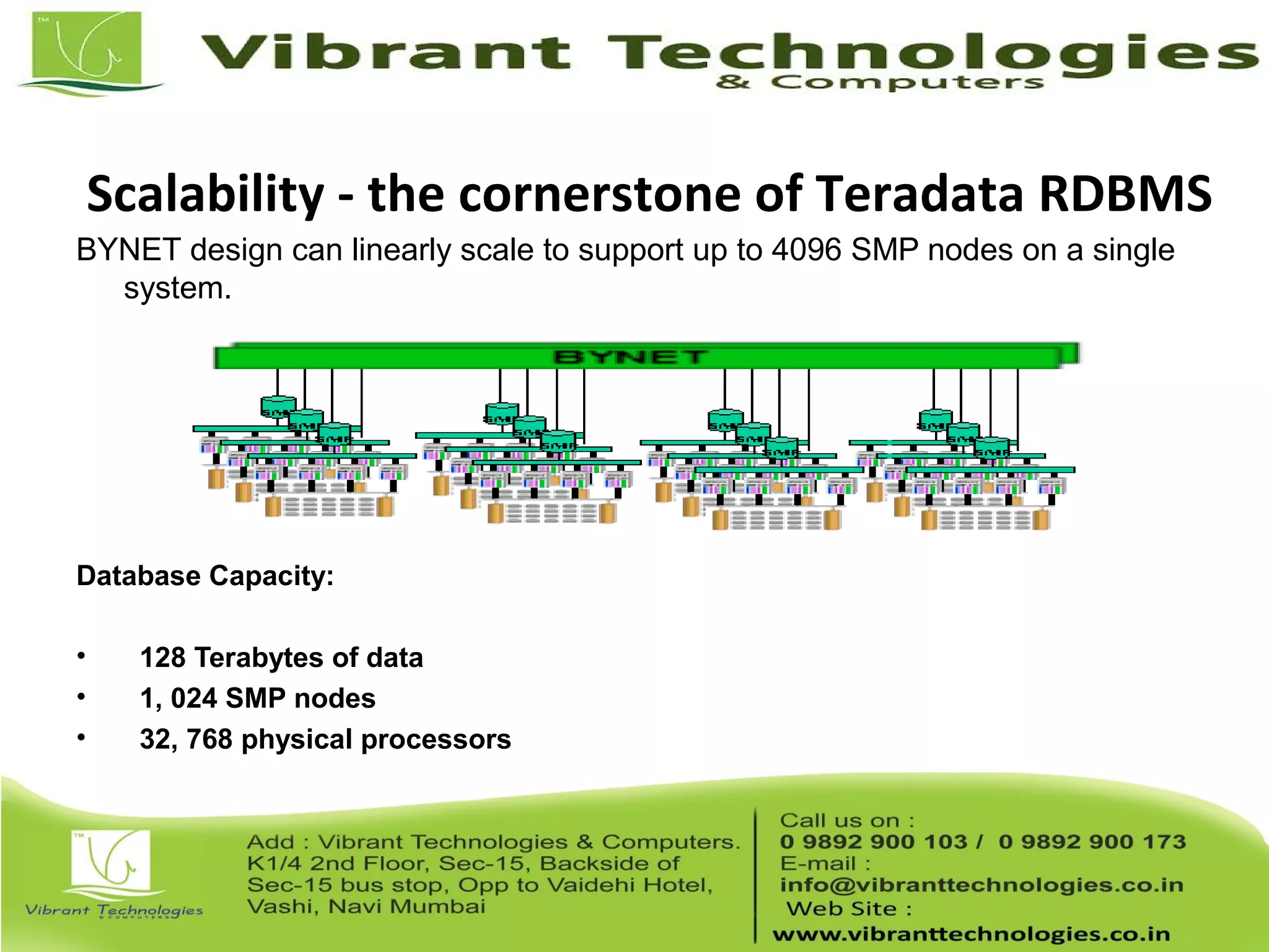 Scalability - the cornerstone of Teradata RDBMS
BYNET design can linearly scale to support up to 4096 SMP nodes on a single
system.
Database Capacity:
• 128 Terabytes of data
• 1, 024 SMP nodes
• 32, 768 physical processors
 