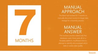MANUAL
APPROACH
The Bank had worked for 7 months to
manually document source to target data
lineage for a business process.
MANUAL
ANSWER
The business process stated only five
databases used, these were all on a
Teradata platform. Insufficient time to
attempt to identify who accessed which
data or assess data quality.
MONTHS
 