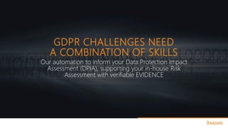 GDPR CHALLENGES NEED
A COMBINATION OF SKILLS
Our automation to inform your Data Protection Impact
Assessment (DPIA), supporting your in-house Risk
Assessment with verifiable EVIDENCE
 